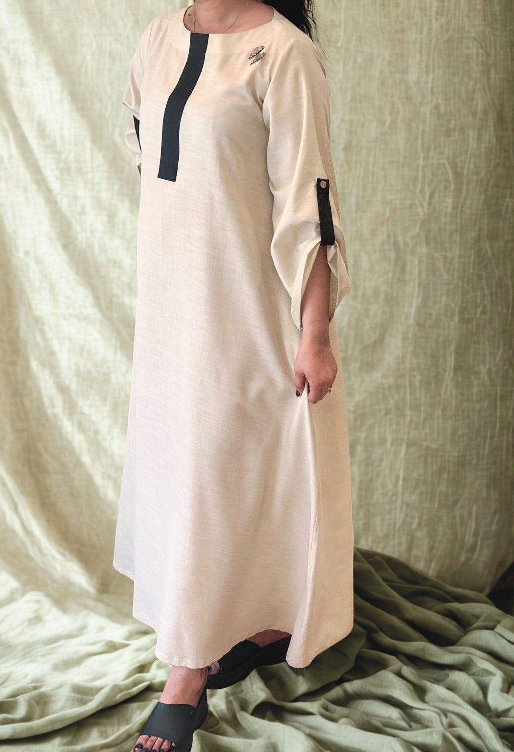 Neutral Flow Dress with Contrast Detail
