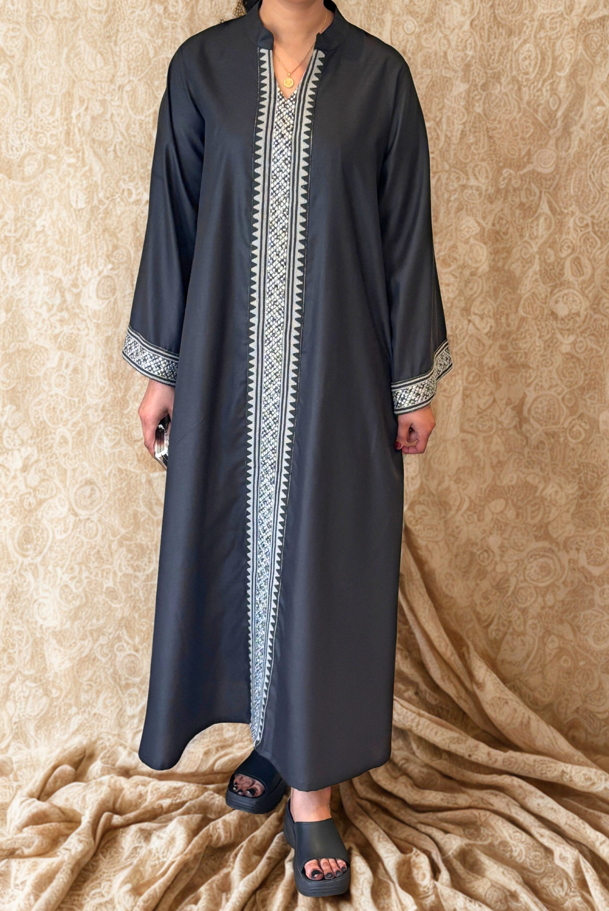 Nora Abaya – Black with Geometric Embroidery