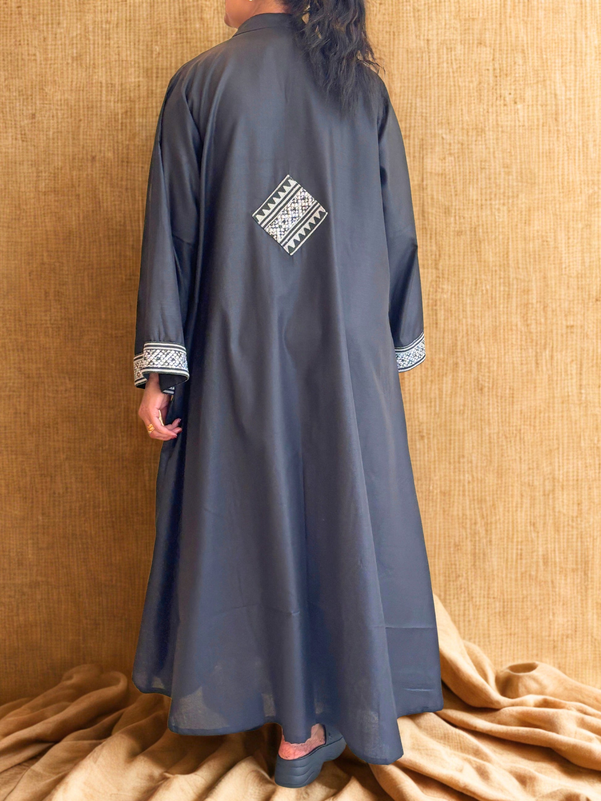 Nora Abaya – Black with Geometric Embroidery