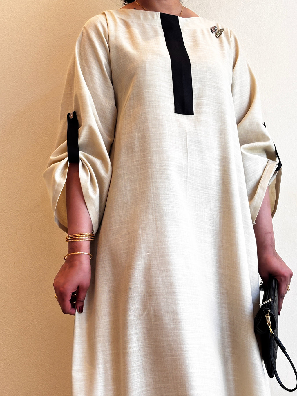 Neutral Flow Dress with Contrast Detail