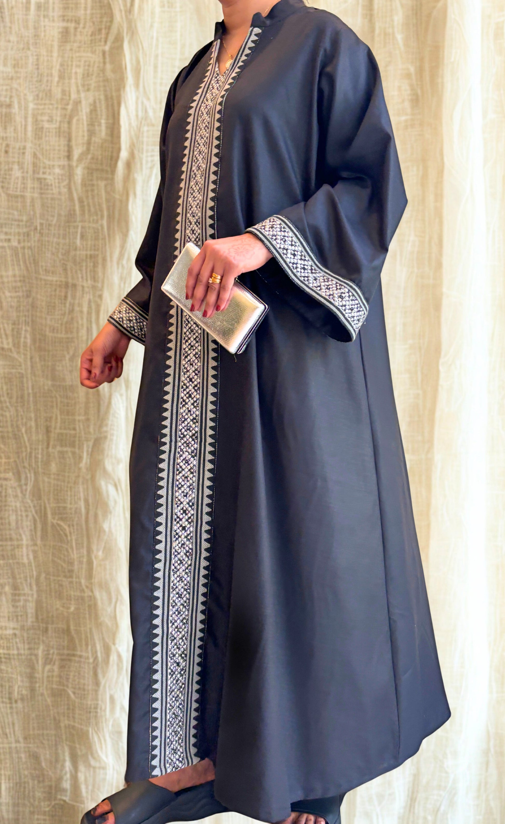 Nora Abaya – Black with Geometric Embroidery