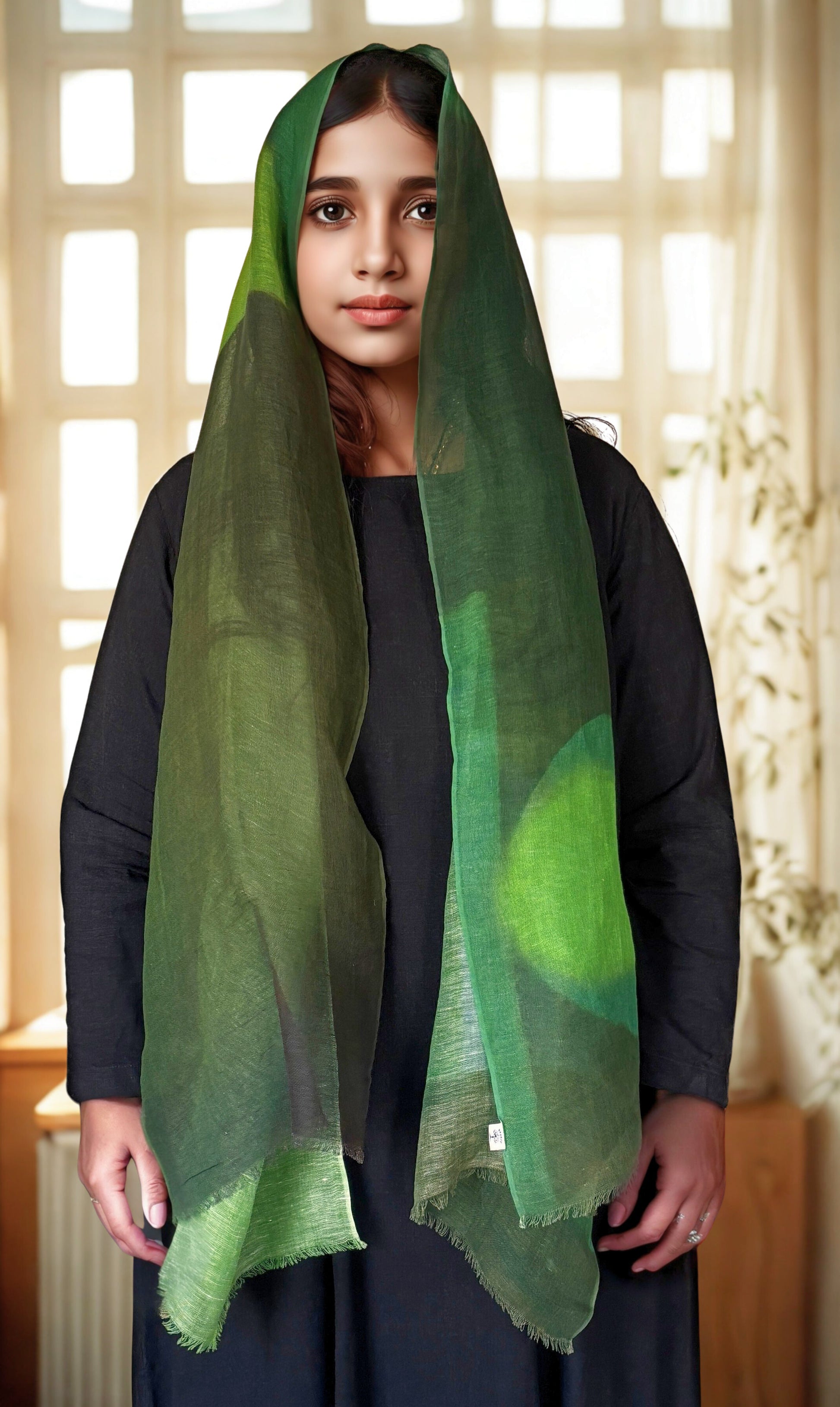 Breezy Linen-Cotton Artistic Green Scarf