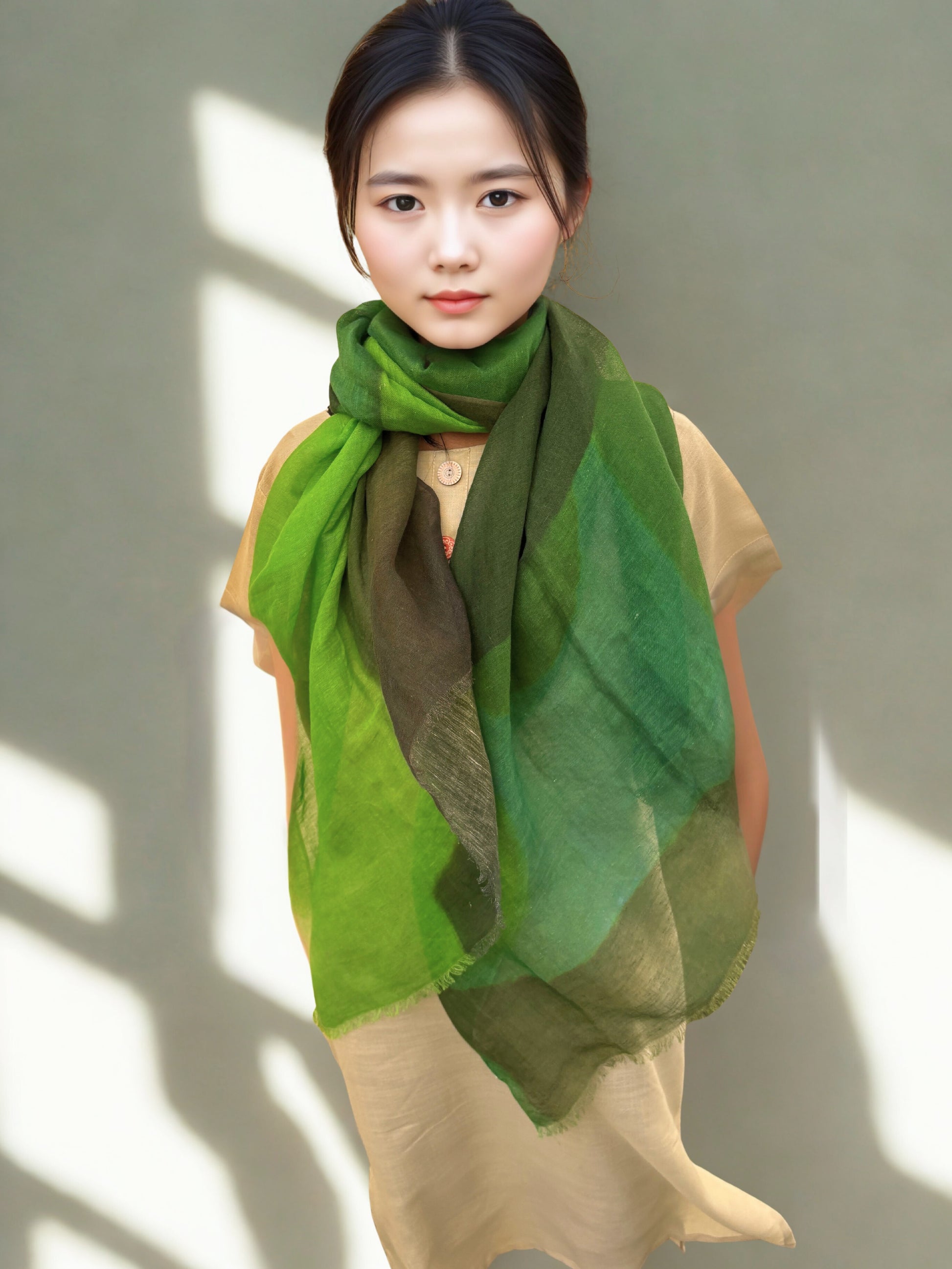 Breezy Linen-Cotton Artistic Green Scarf