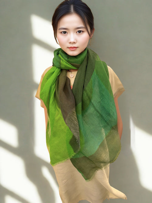 Breezy Linen-Cotton Artistic Green Scarf