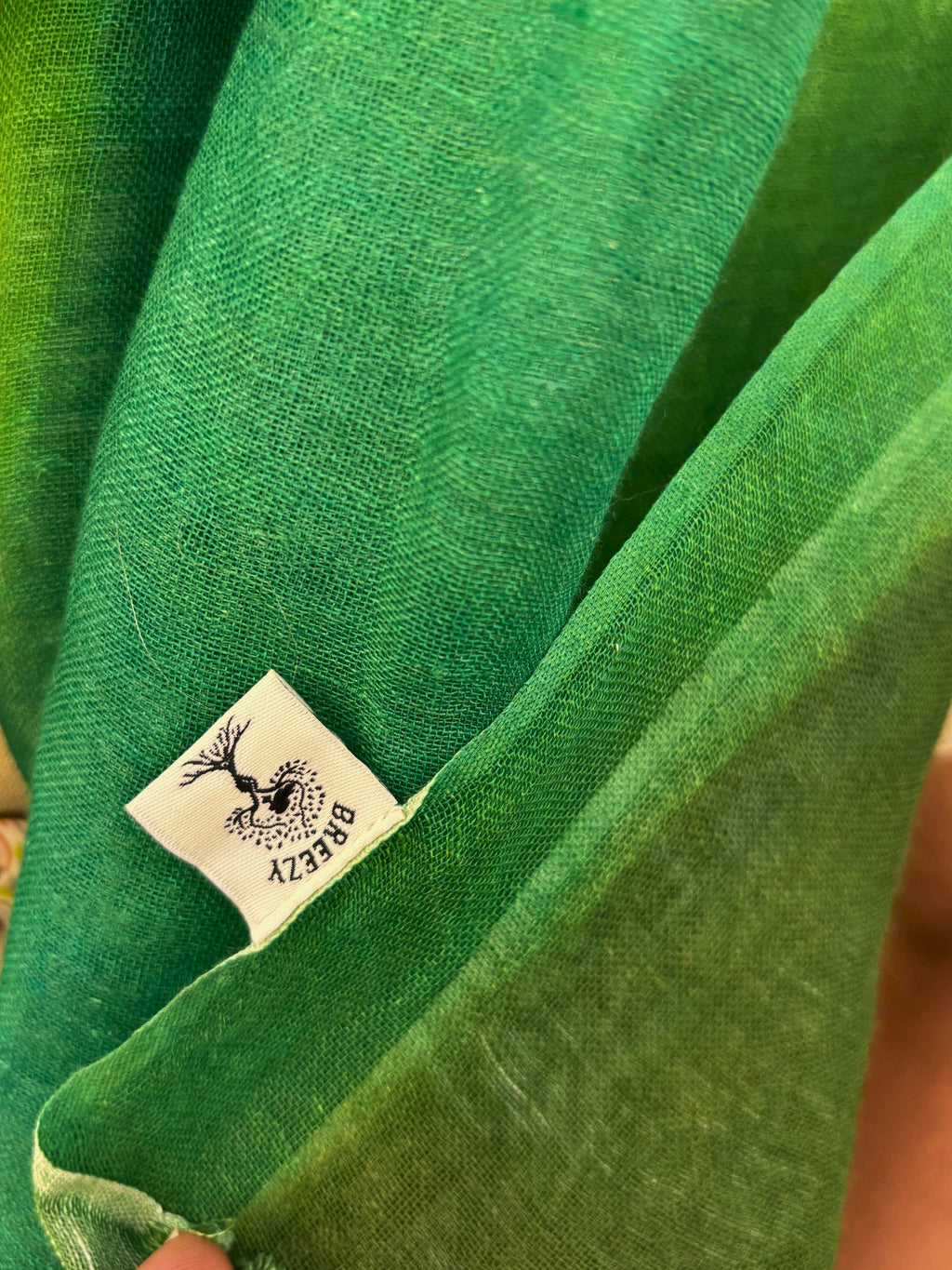 Breezy Linen-Cotton Artistic Green Scarf