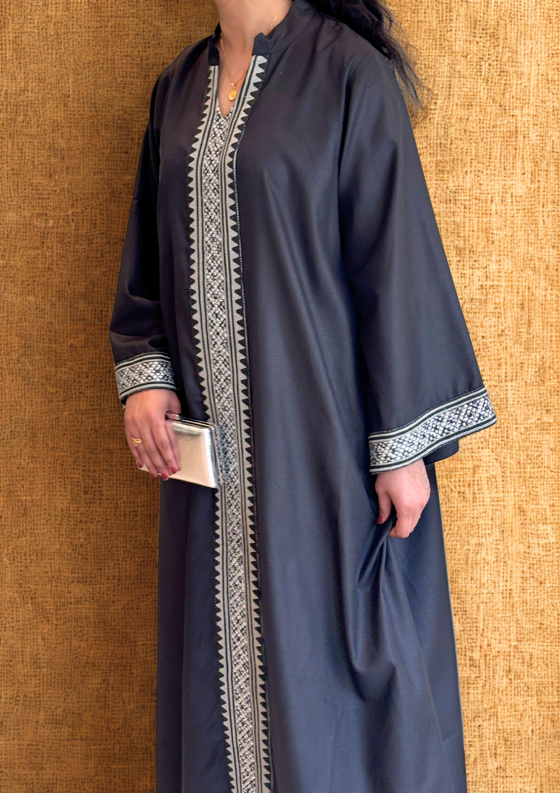 Nora Abaya – Black with Geometric Embroidery