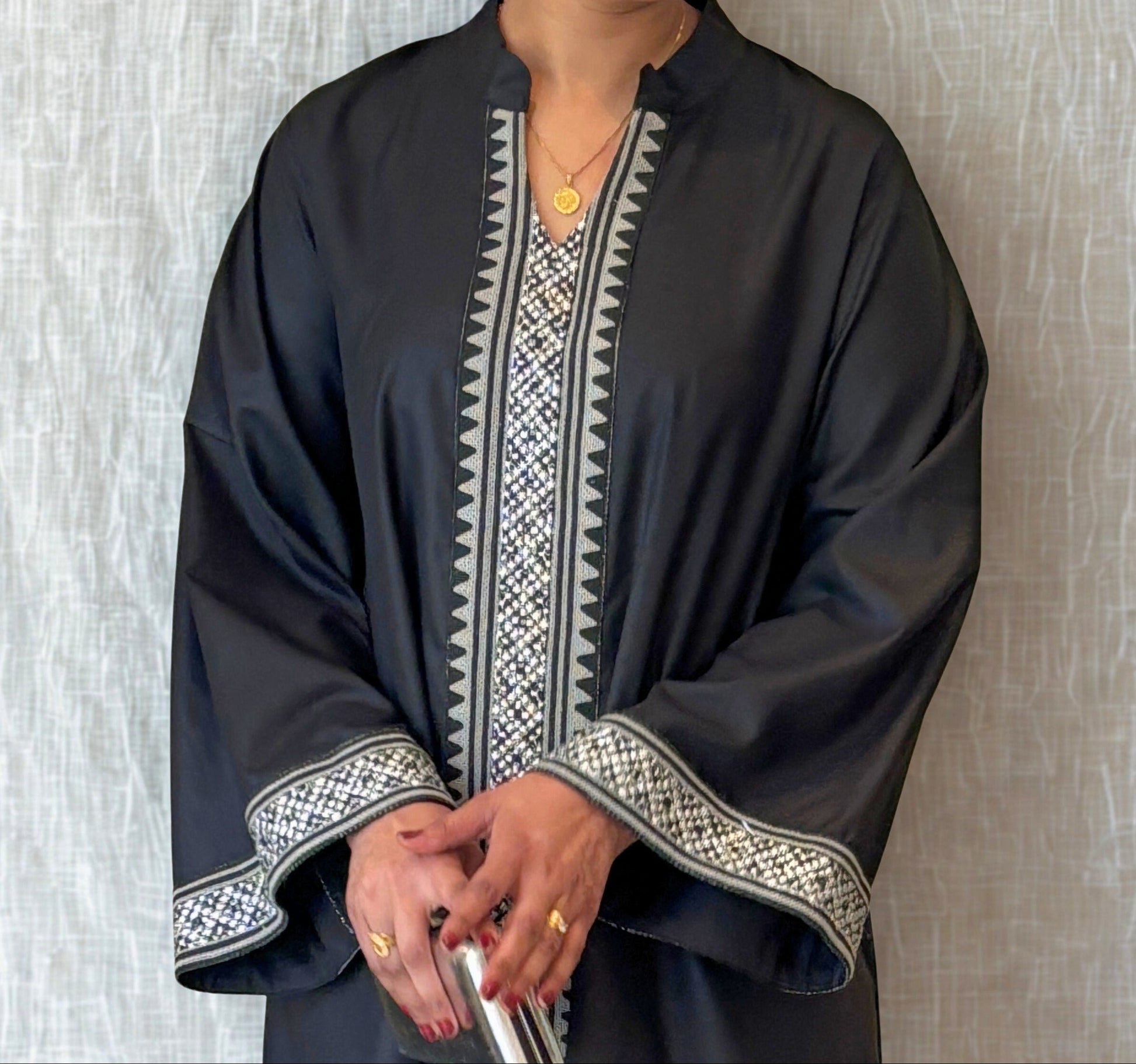 Nora Abaya – Black with Geometric Embroidery