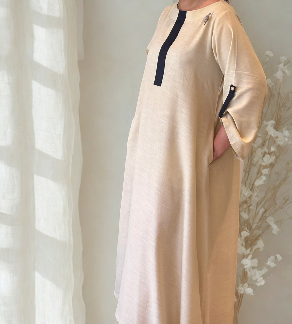 Neutral Flow Dress with Contrast Detail