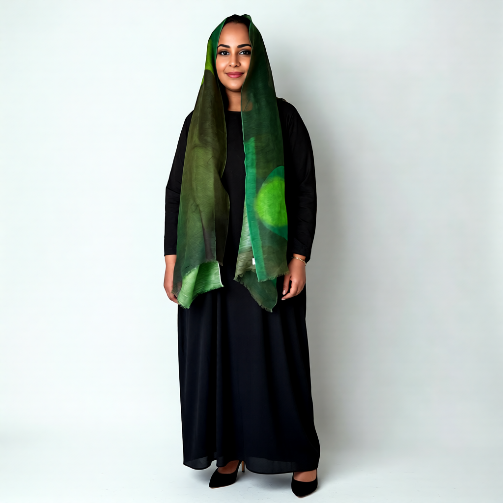 Breezy Linen-Cotton Artistic Green Scarf