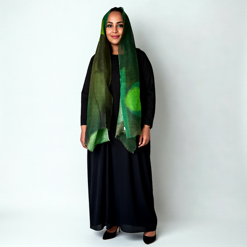 Breezy Linen-Cotton Artistic Green Scarf