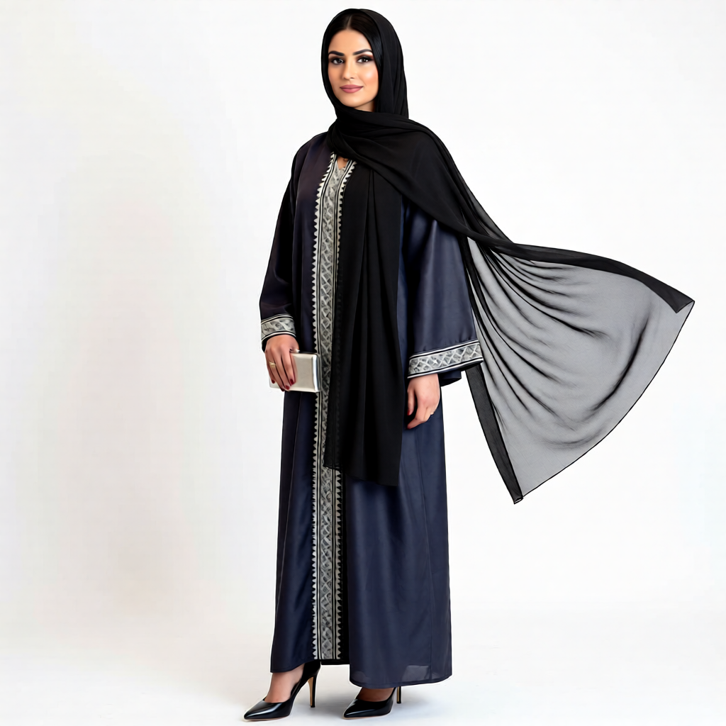 Nora Abaya – Black with Geometric Embroidery