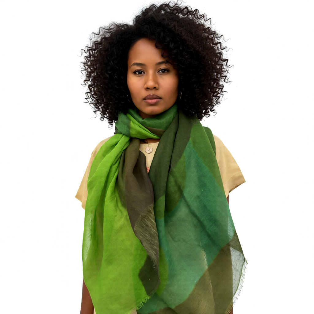 Breezy Linen-Cotton Artistic Green Scarf