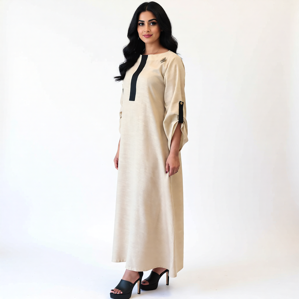 Neutral Flow Dress with Contrast Detail
