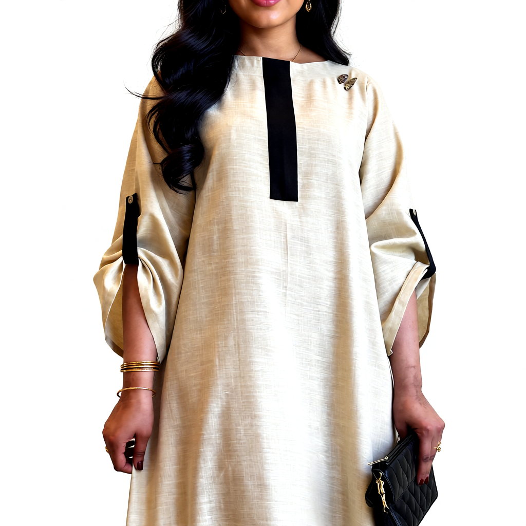 Neutral Flow Dress with Contrast Detail
