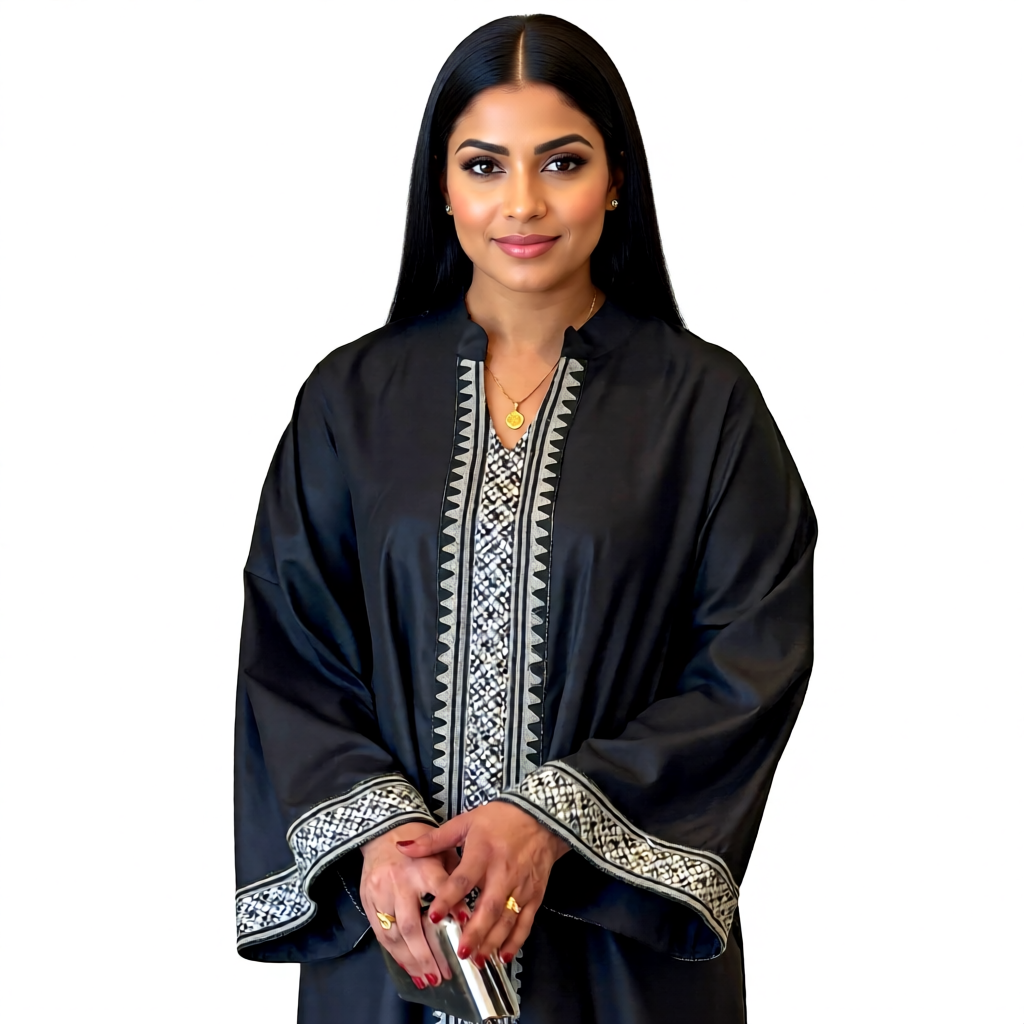 Nora Abaya – Black with Geometric Embroidery